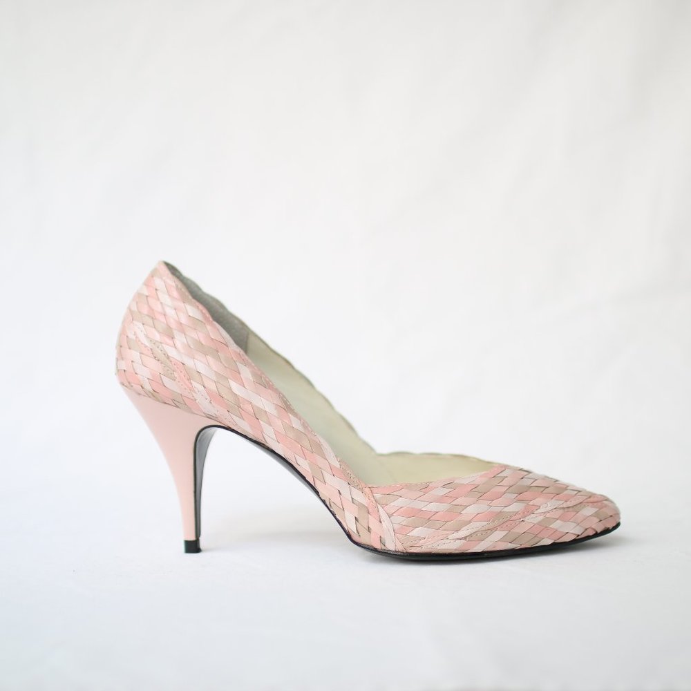 Vintage Woven Leather Pink and Taupe Heels